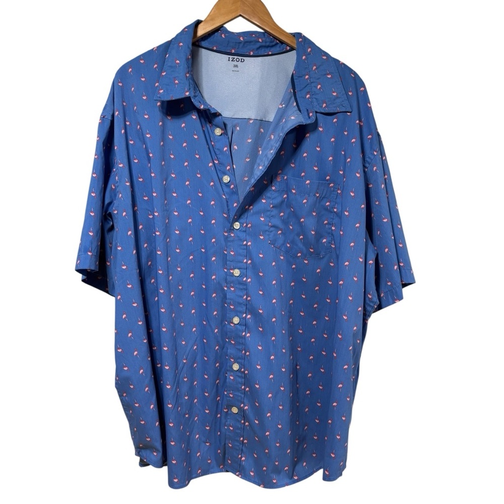 IZOD Mens 3XL Blue‎ Flamingo Print Short Sleeve Button Down Tropical Casual #623